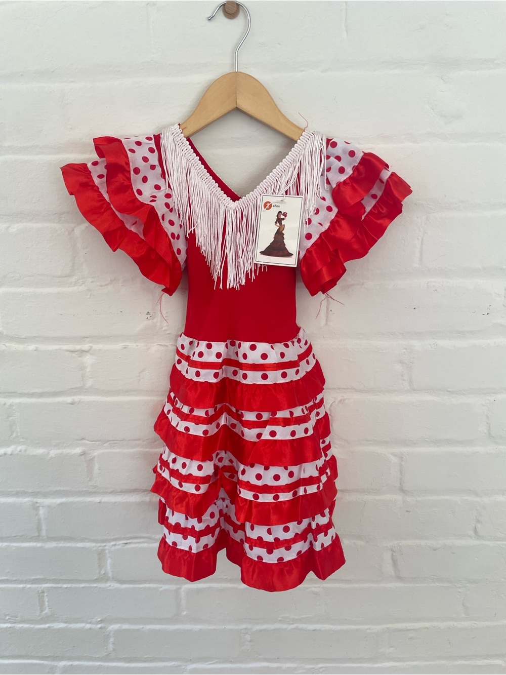 Girls Red Polka Dot Flamenco Dance Dress with White Fringe